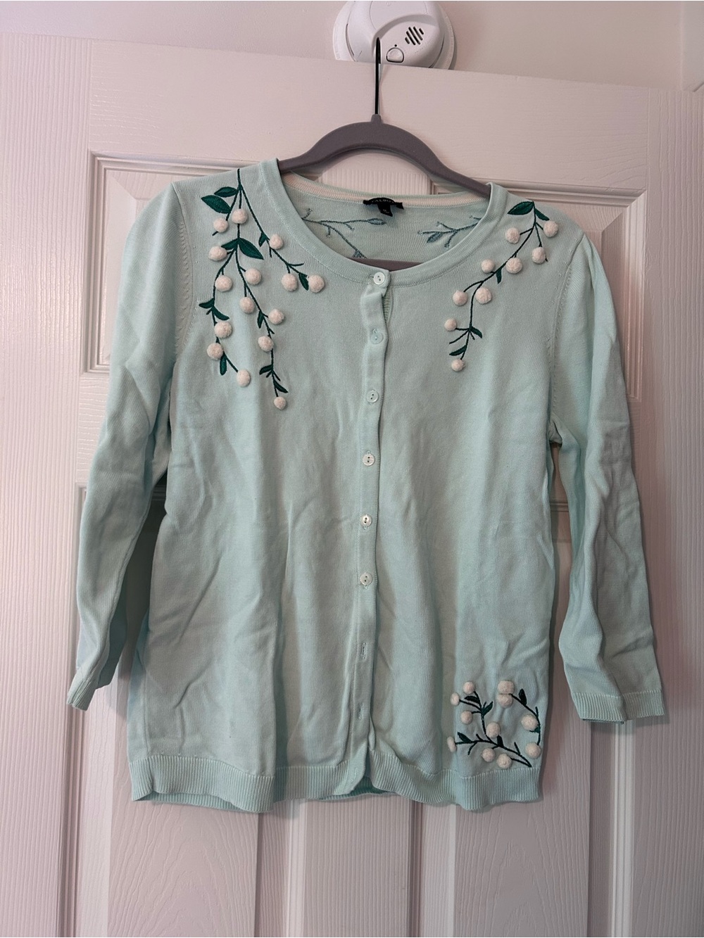 Talbots Mint Green Pom Pom Embroidered Floral Cardigan - Picture 2 of 5